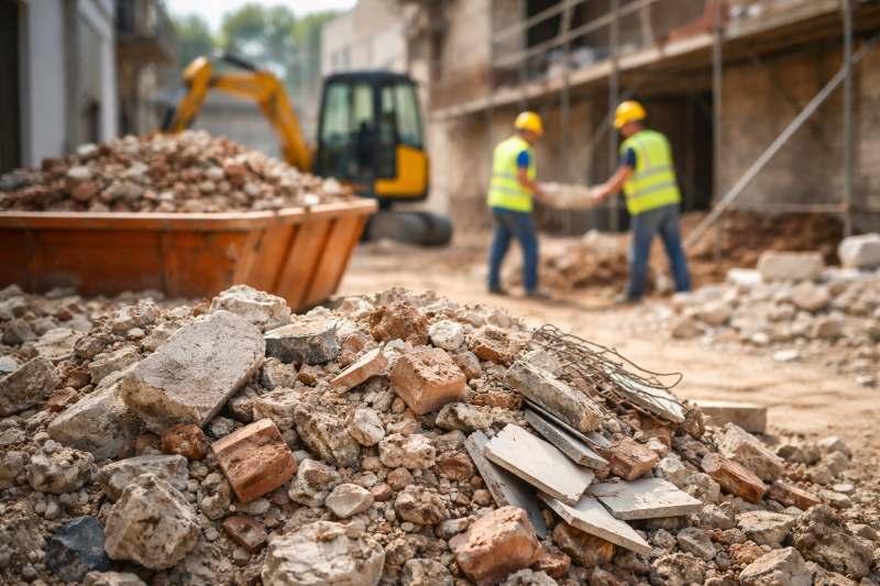 Detriti edili in cantiere con macerie, scarrabile e operai durante lavori di ristrutturazione a Lecce