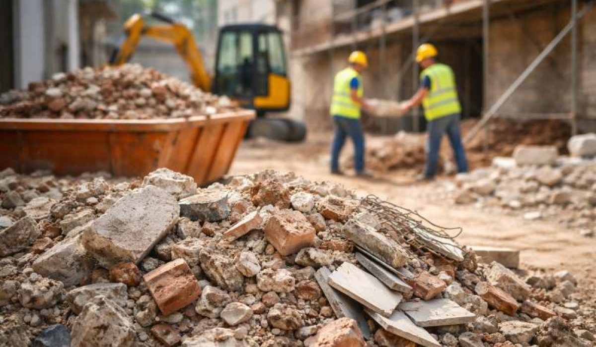 Detriti edili in cantiere con macerie, scarrabile e operai durante lavori di ristrutturazione a Lecce